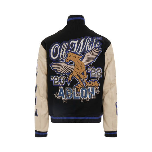 Embroidered Graphics Leather Varsity in Black/Blue