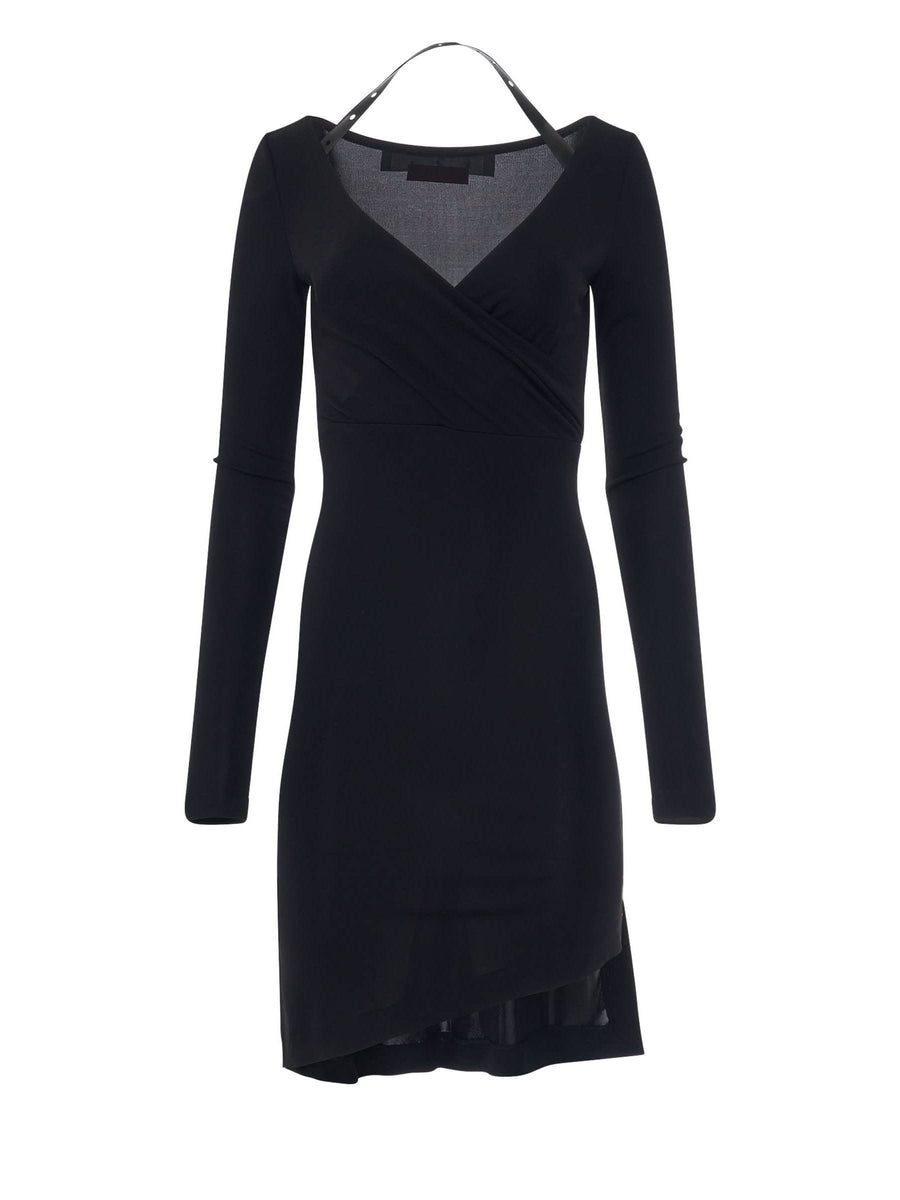 Fluid Jersey Twisted Long Sleeve Dress in Black