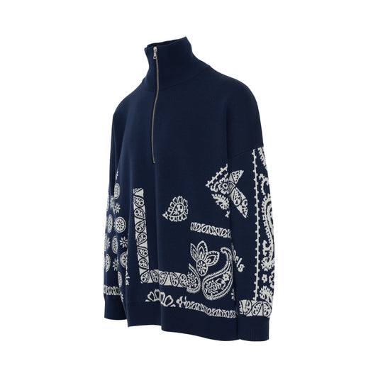 Jacquard Bandana Zipped T-Neck Sweater in Blue