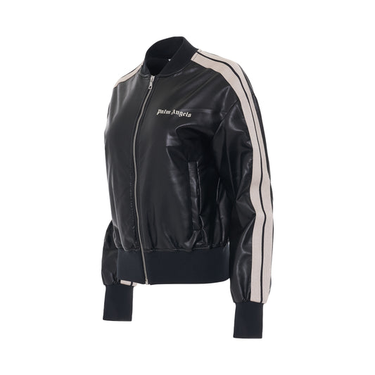 Logo Leather Bomber Track Jacket in Black