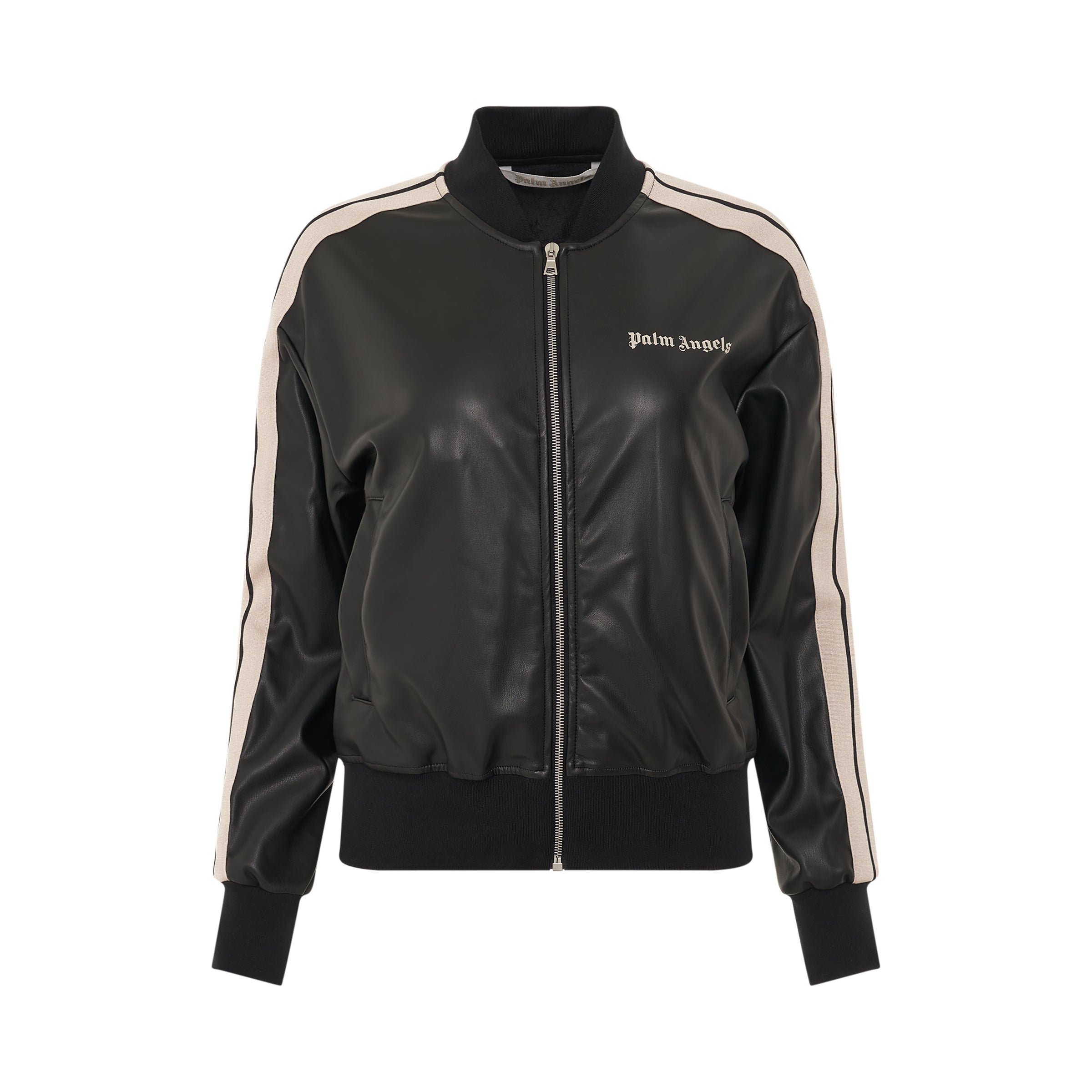 palm angels leather effect bomber track jacket in black off white sold ...