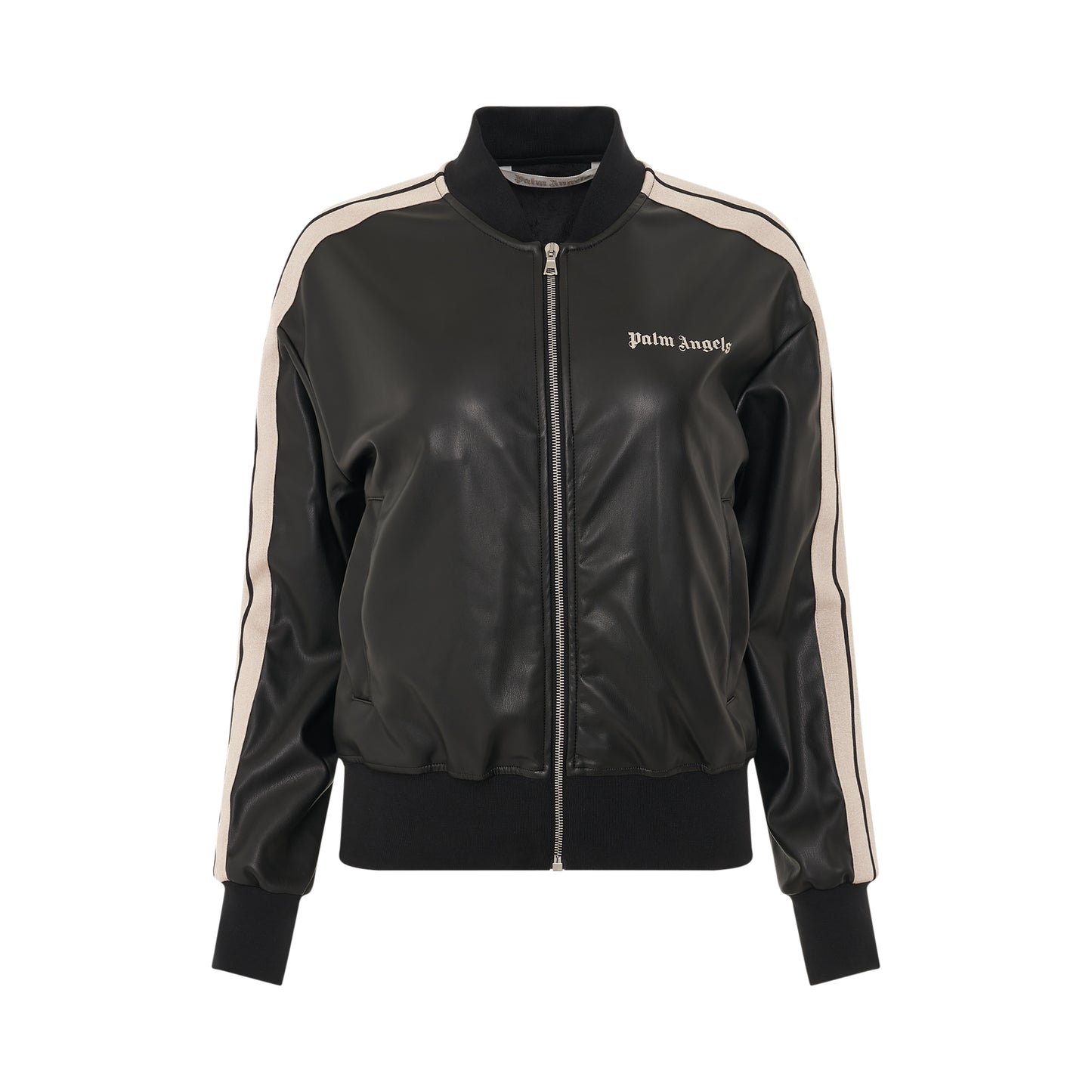 Leather Effect Bomber Track Jacket in Black/Off White