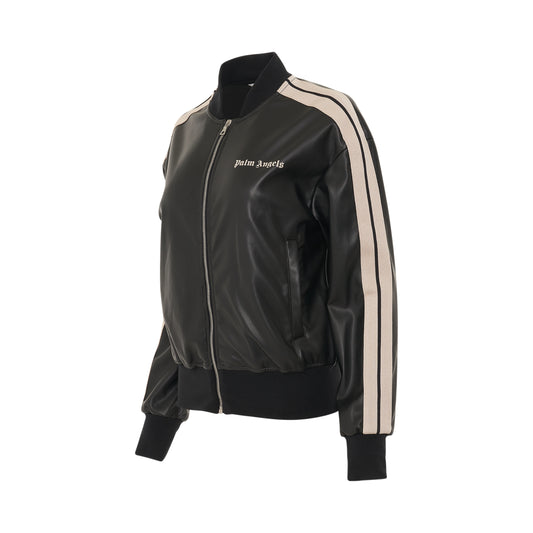 Leather Effect Bomber Track Jacket in Black/Off White