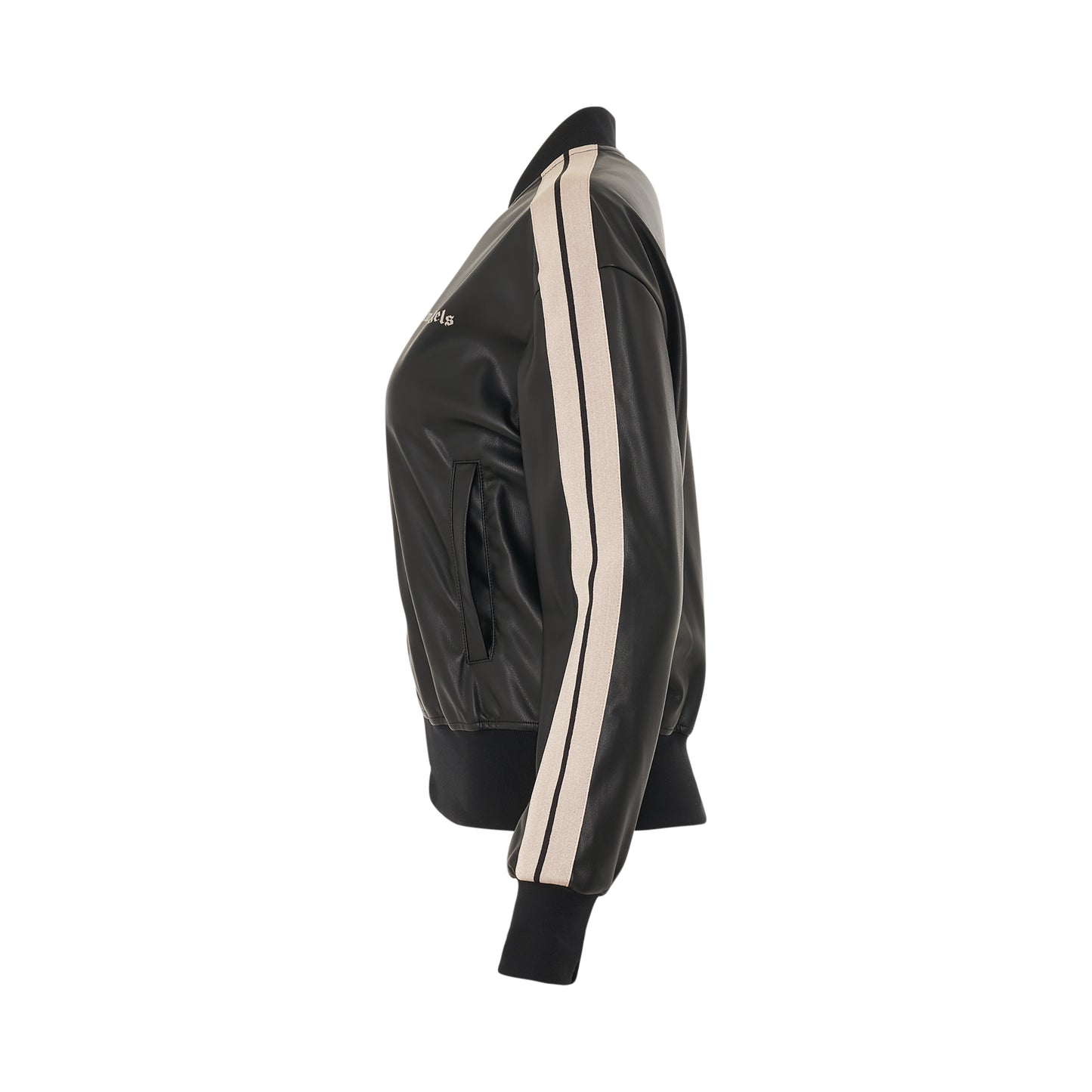 Leather Effect Bomber Track Jacket in Black/Off White