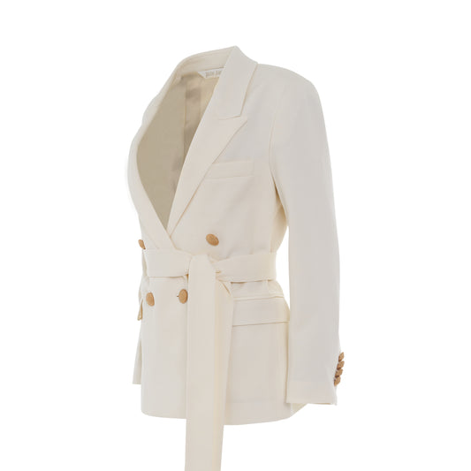 Waistband Double Breasted Blazer in Off White