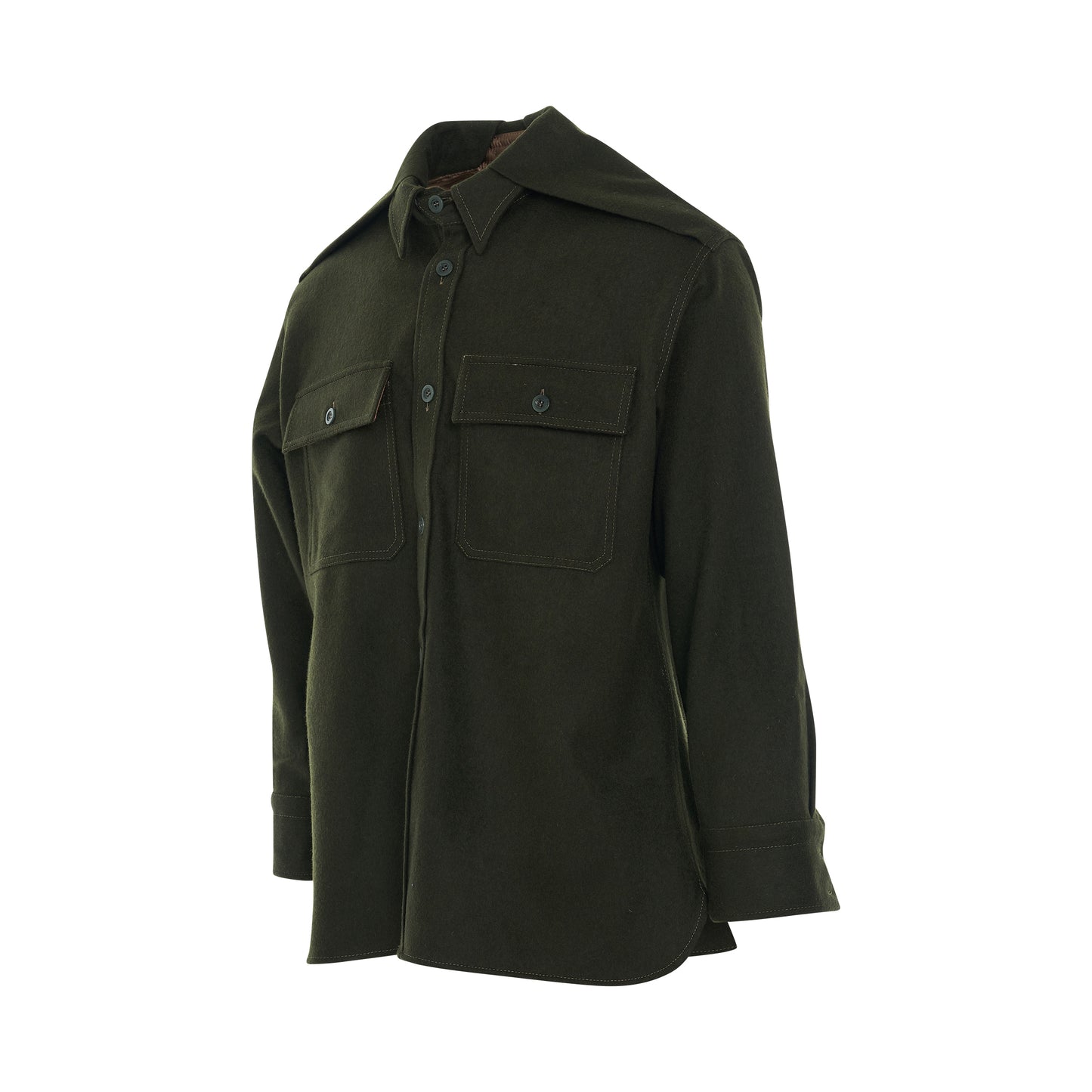 Stitched Wool Shirt in Olive Green