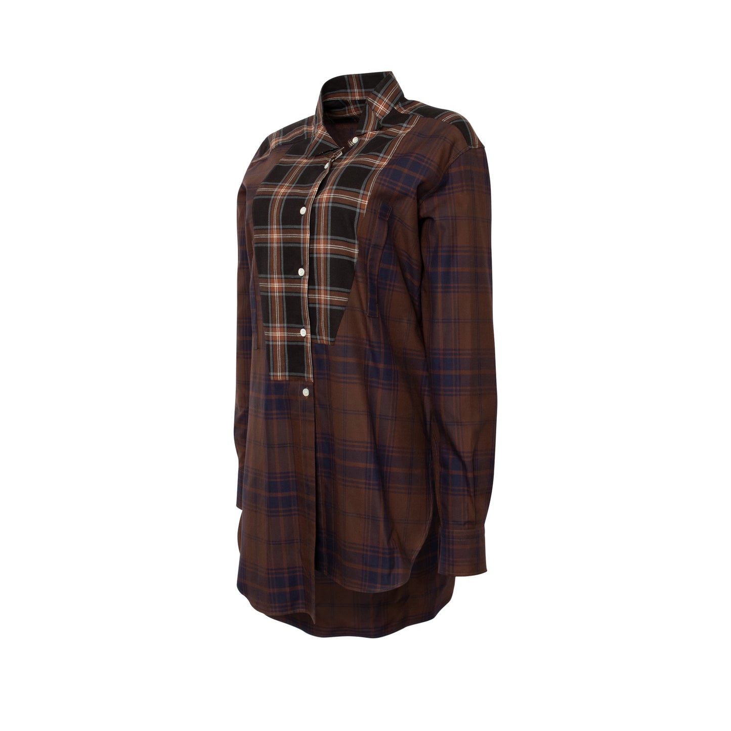 Long Asym Check Patchwork Shirt in Brown