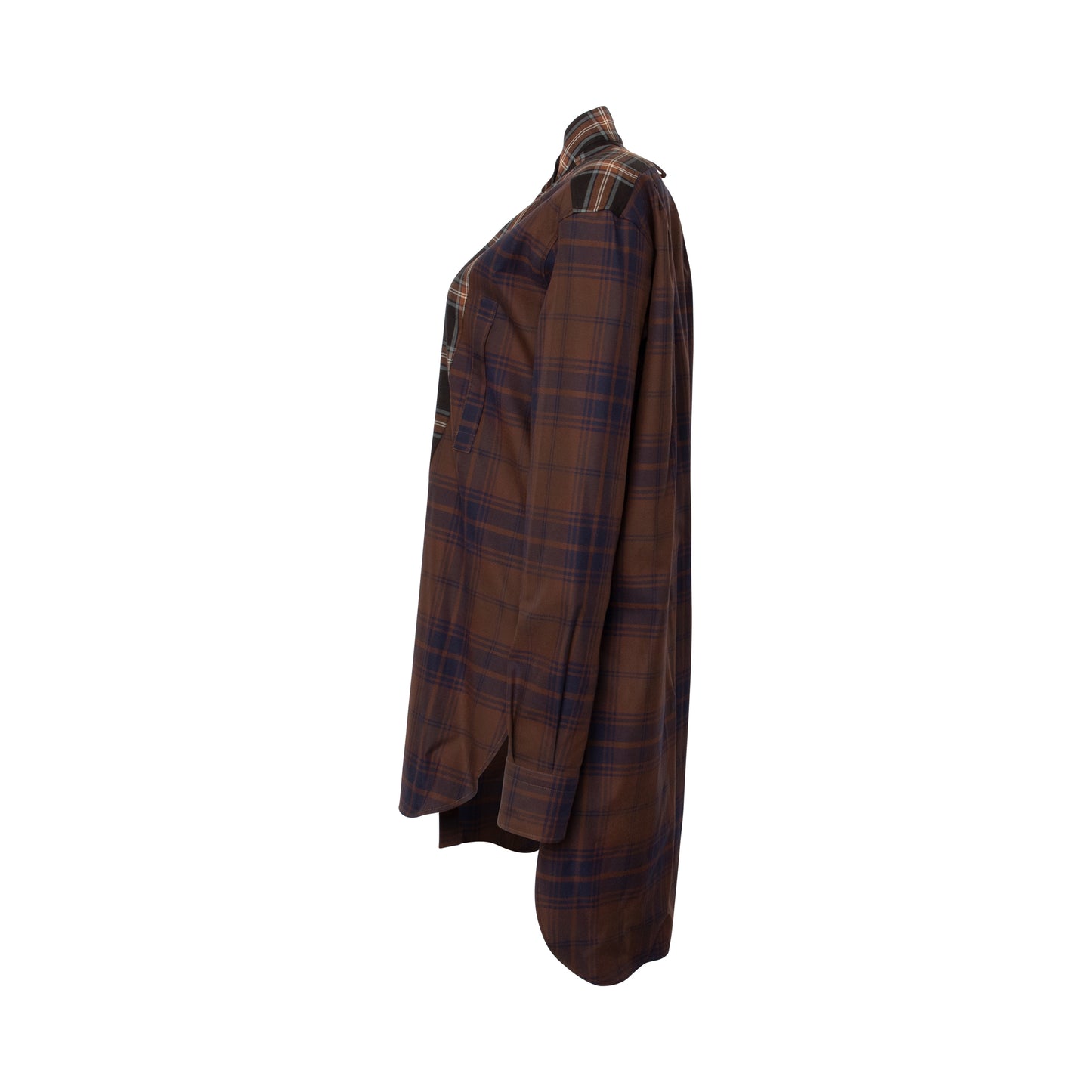 Long Asym Check Patchwork Shirt in Brown