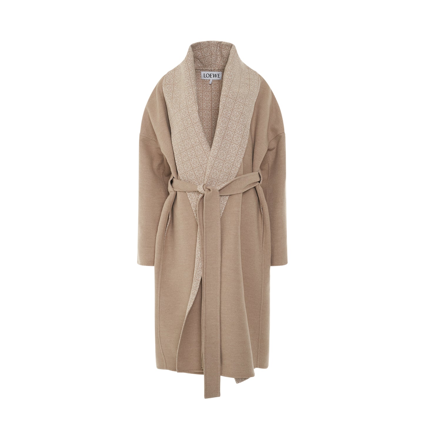 Anagram Jacquard Belted Wool Coat in Beige