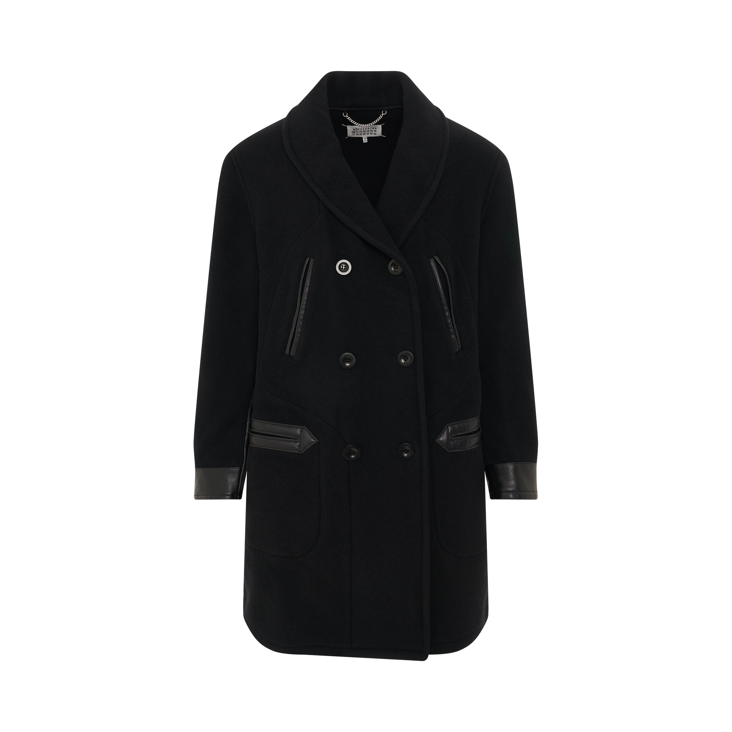 Wool Coat with Leather Detail in Black