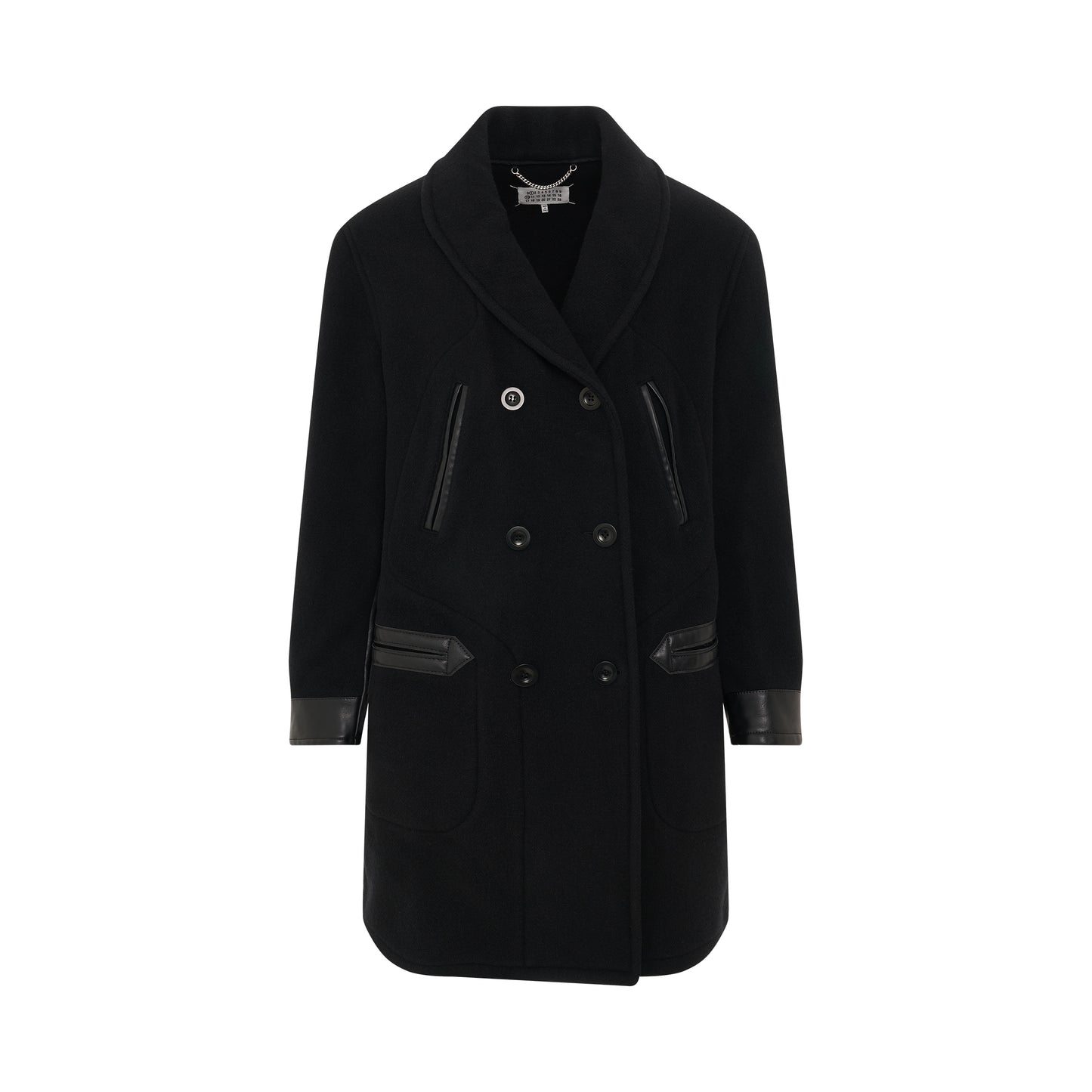 Wool Coat with Leather Detail in Black