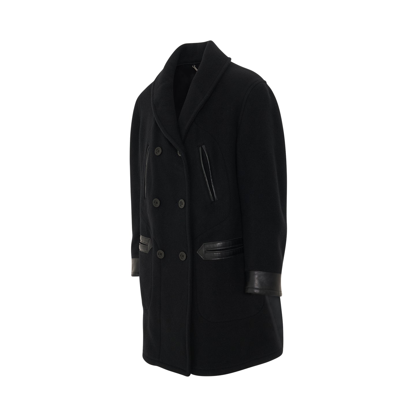 Wool Coat with Leather Detail in Black