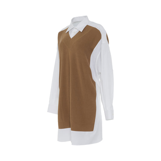 Layered Shirt with Knit Vest in White/Camel