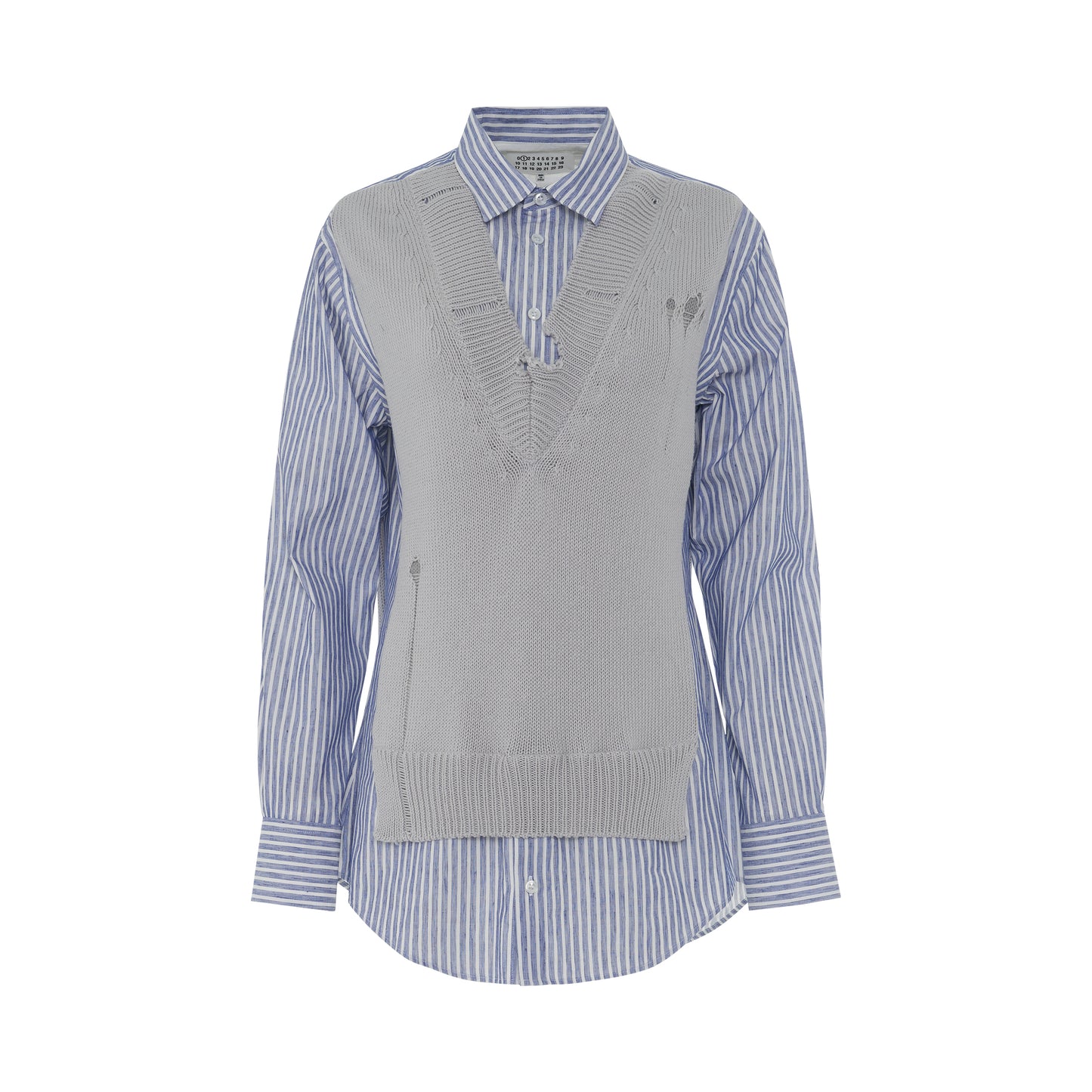 Layered Striped Cotton Shirt with Wool Vest in Blue/Grey
