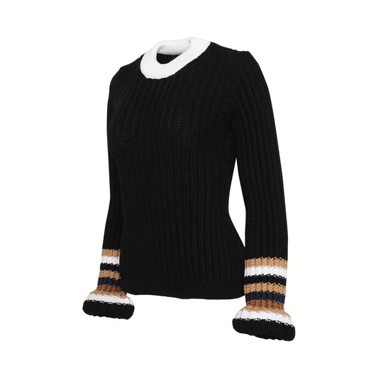 Stripe Puff Sleeve Sweater In Wool Black/Camel