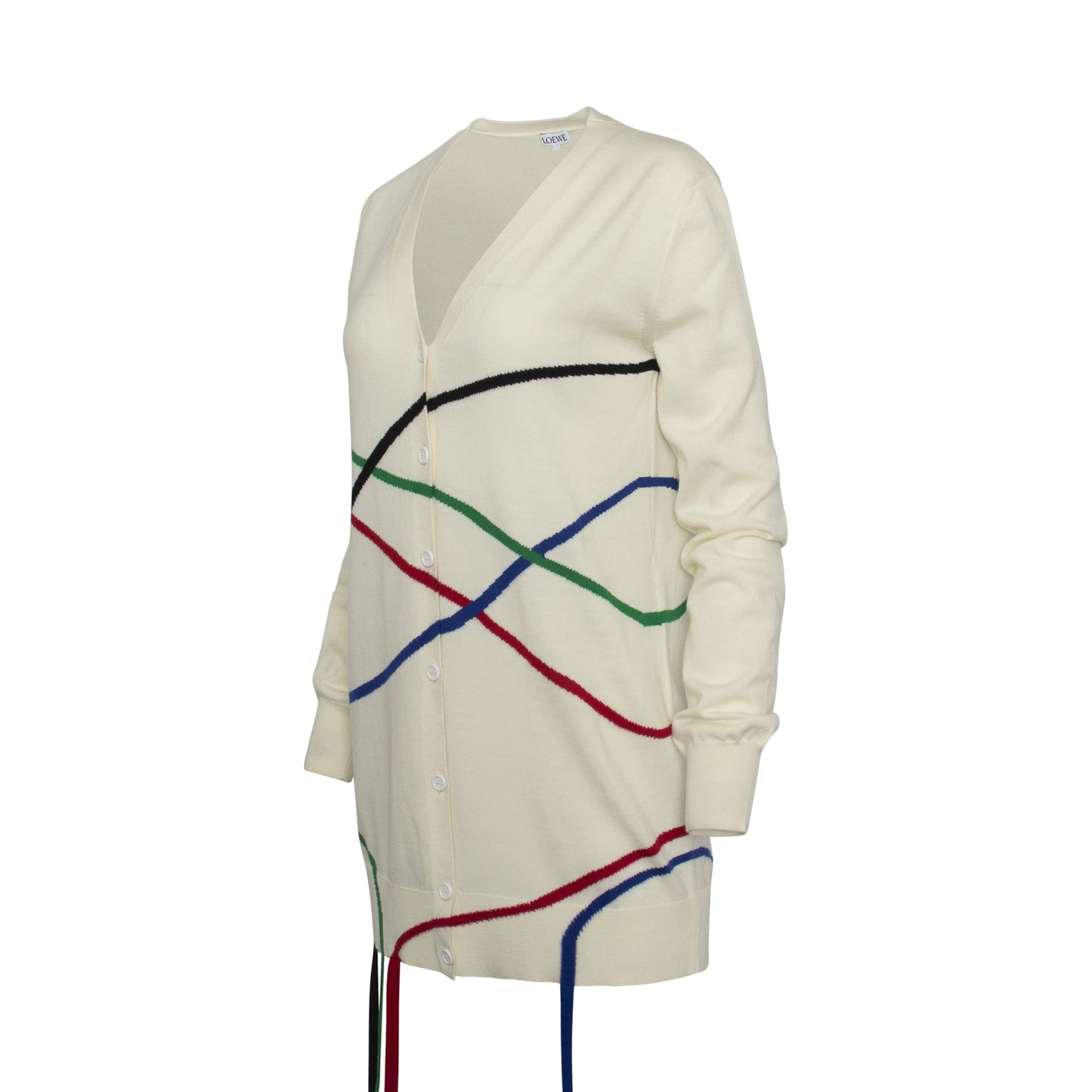 Graphic Jacquard Long Cardigan In Wool Ecru/Multicolor