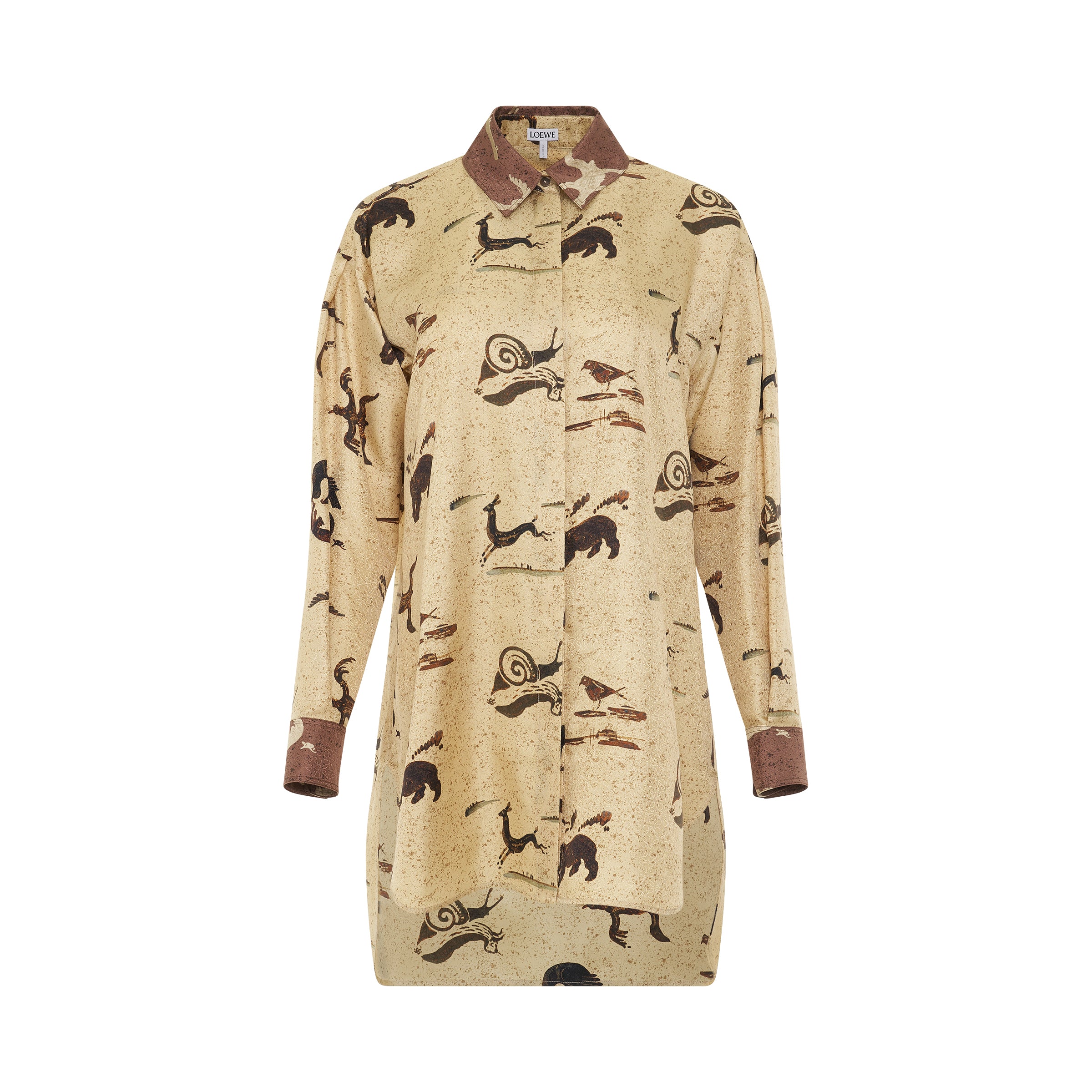 Animal Print Oversize Silk Shirt in Light Beige