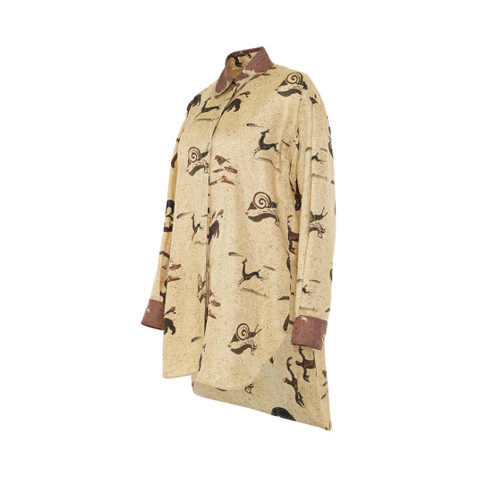 Animal Print Oversize Silk Shirt in Light Beige