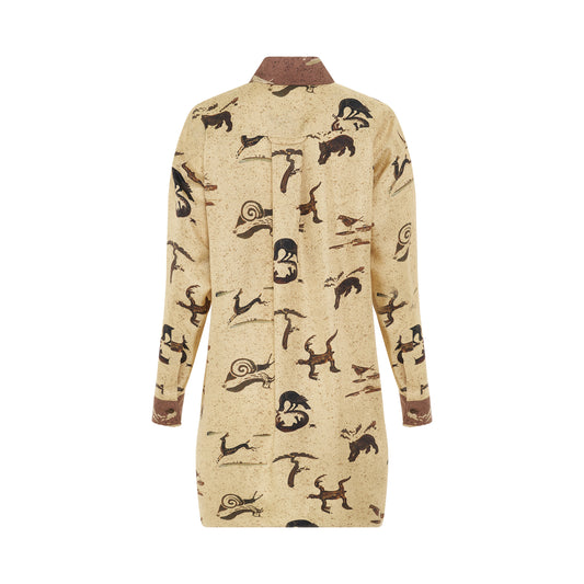 Animal Print Oversize Silk Shirt in Light Beige