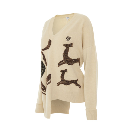 Asymmetric Deer Sweater in Beige