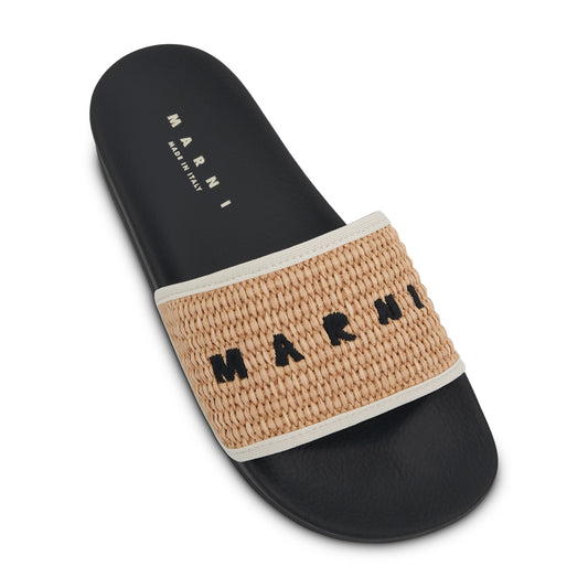 Embroidered Logo Slip On Slides in Natural/White