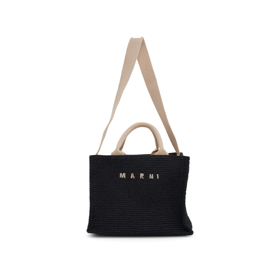 Raffia Small Tote Bag in Black/Natural