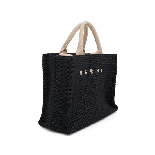 Raffia Small Tote Bag in Black/Natural