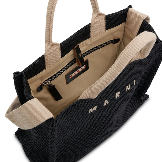 Raffia Small Tote Bag in Black/Natural