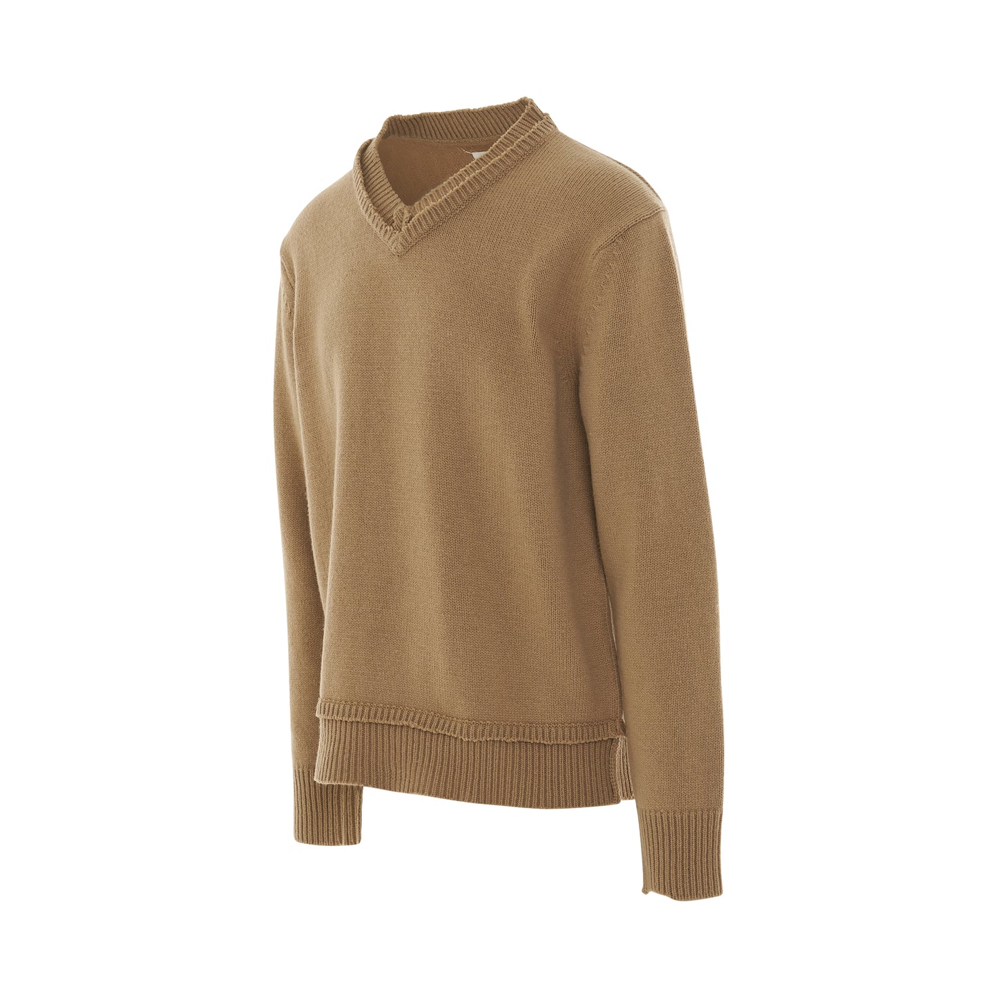 Elbow Patch V-Neck Knit Sweater in Beige