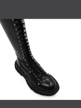 Tread Knee High Lace Up Boots in Black Top View | ALEXANDER MCQUEEN