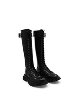 Tread Knee High Lace Up Boots in Black Front View | ALEXANDER MCQUEEN