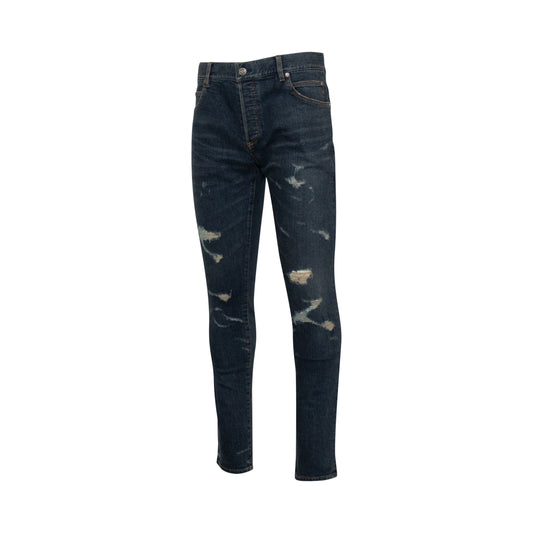 Distressed Effect Slim Jeans in Vintage Blue