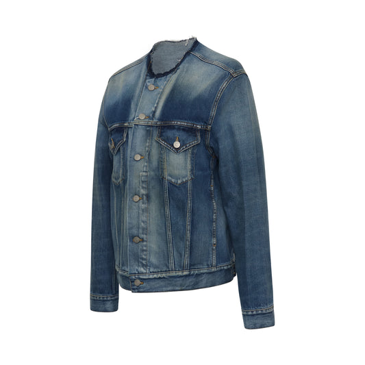 Collarless Denim Jacket in Blue