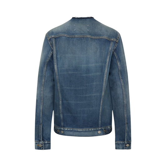 Collarless Denim Jacket in Blue