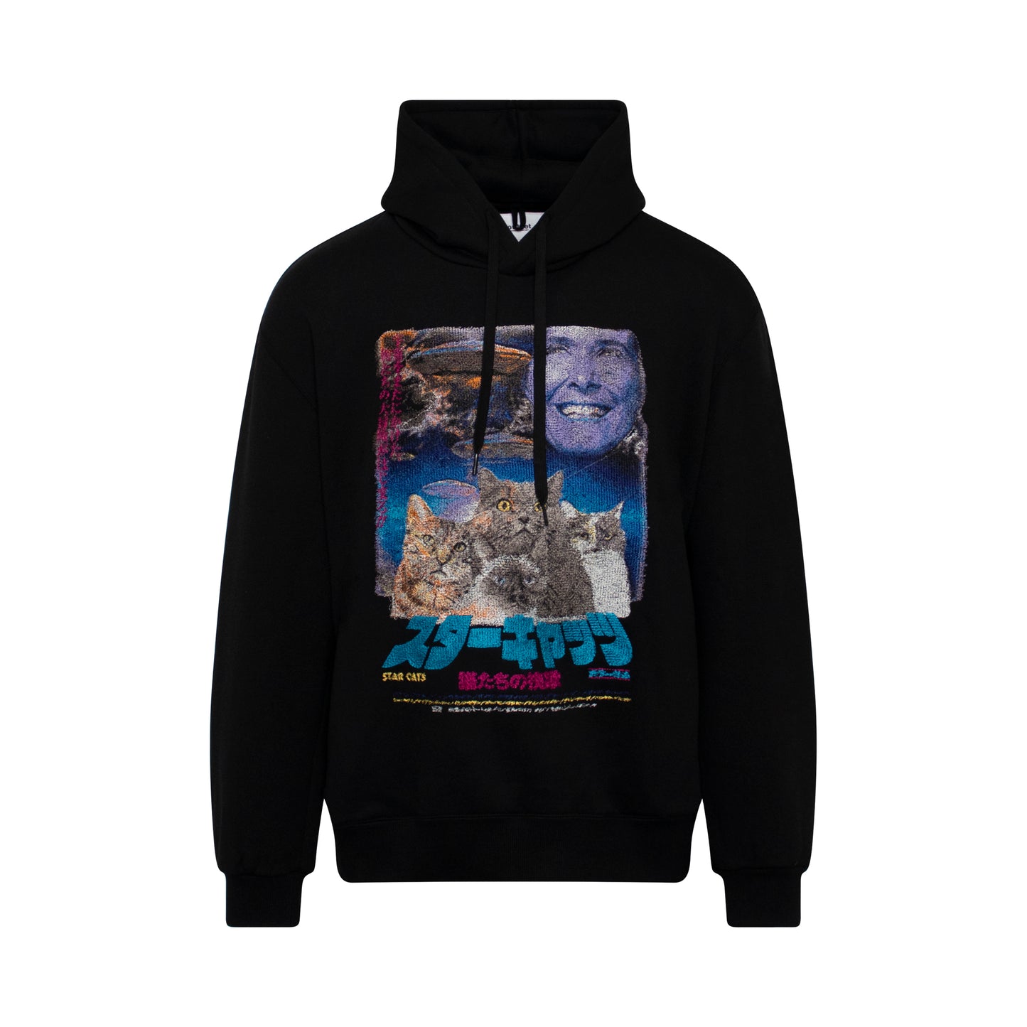Retro Poster Embroidery Hoodie in Black