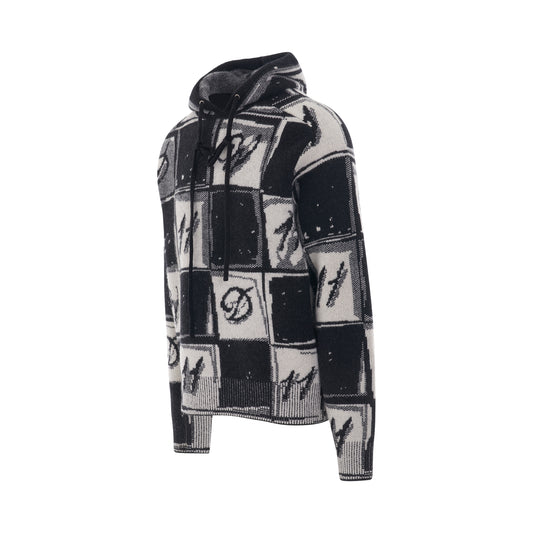 Chess Board Graphic Knit Hoodie in Black