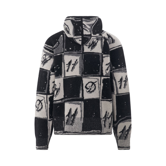 Chess Board Graphic Knit Hoodie in Black