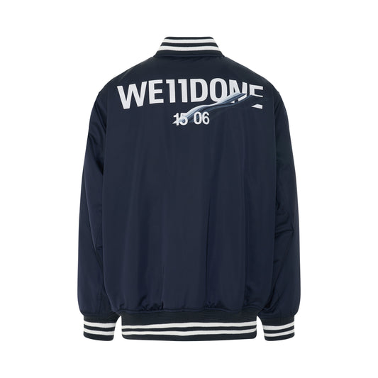 Oversized WD Logo Print Satin Bomber Jacket in Navy