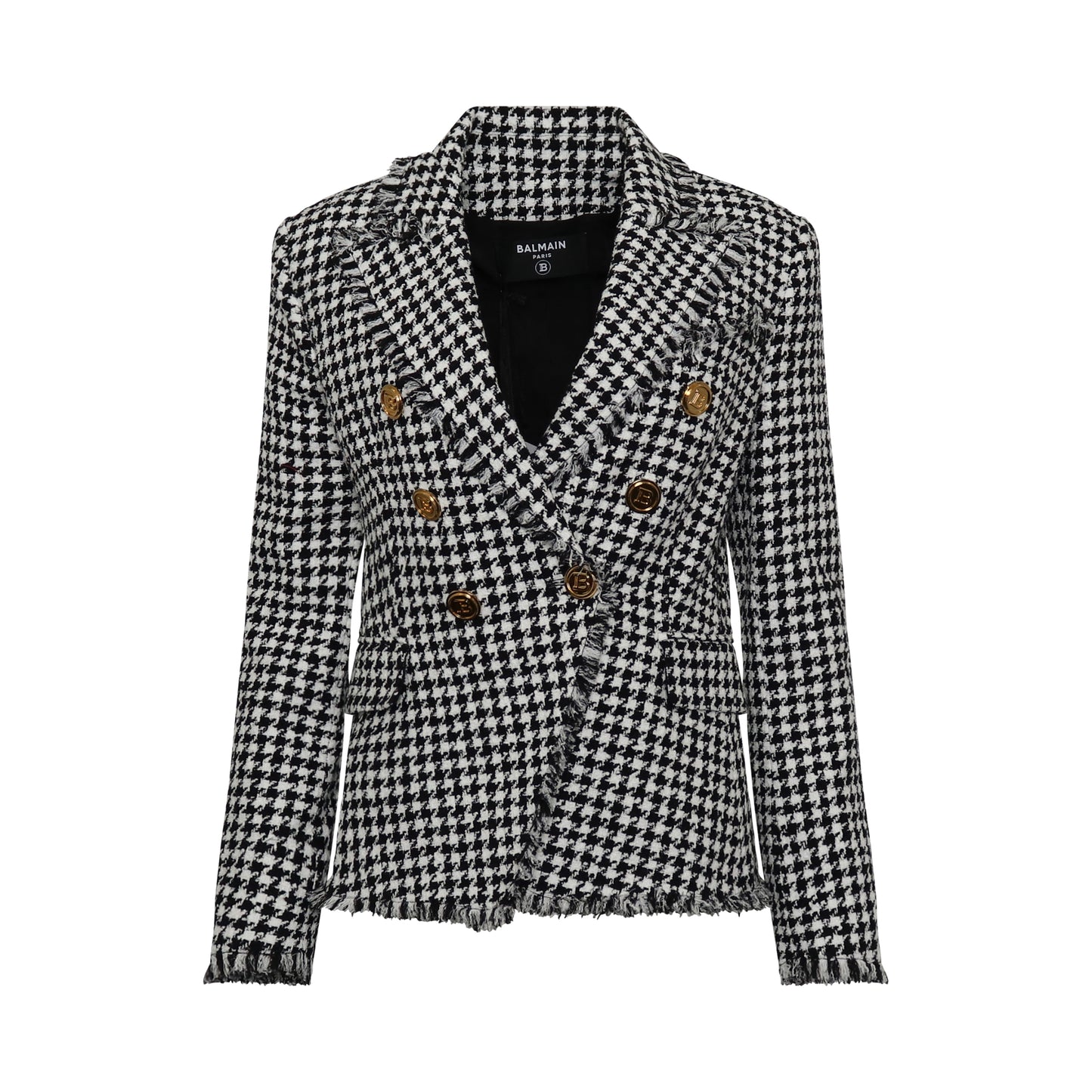 Double Breasted Houndstooth Tweed Blazer in White