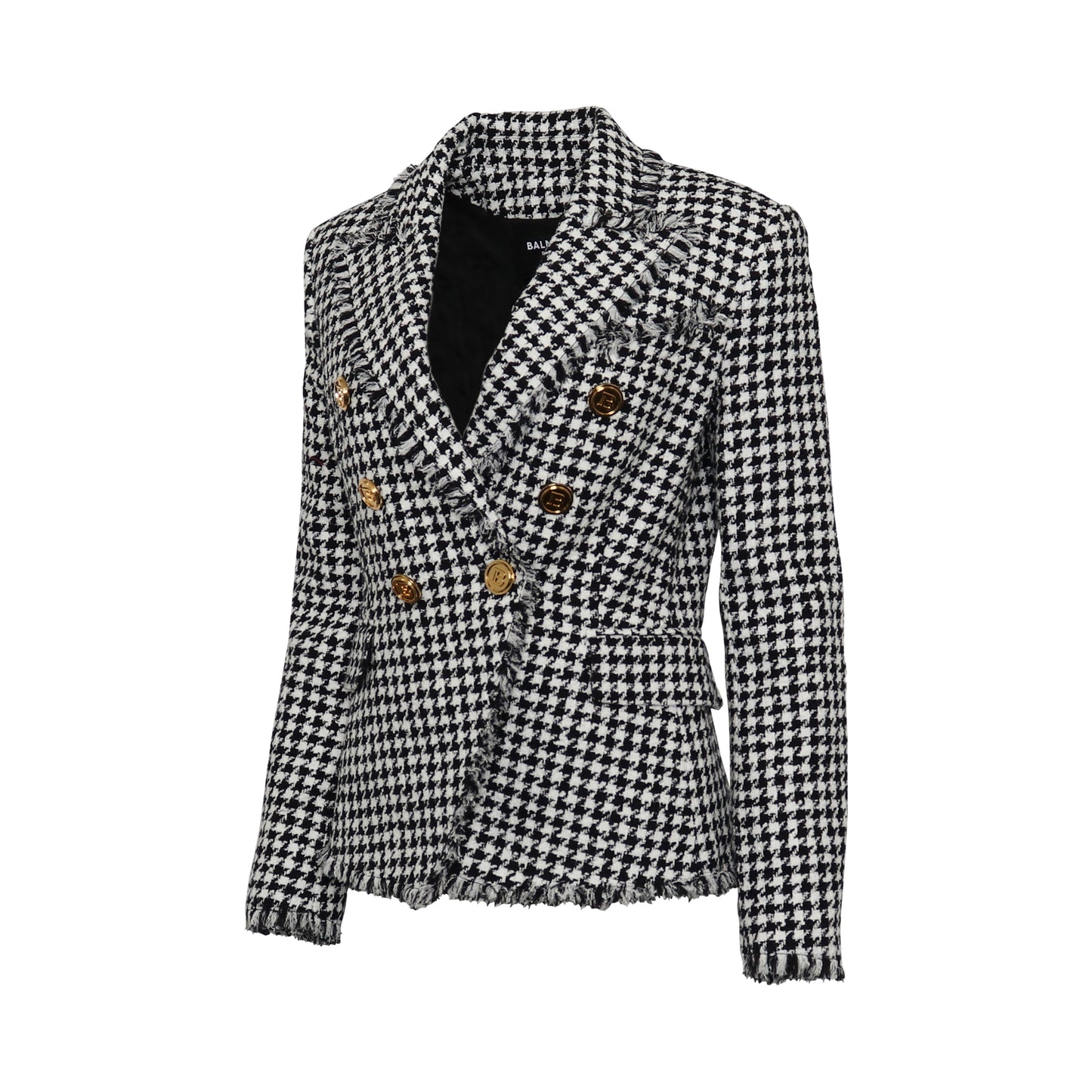 Double Breasted Houndstooth Tweed Blazer in White
