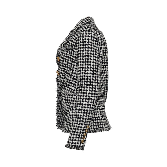 Double Breasted Houndstooth Tweed Blazer in White