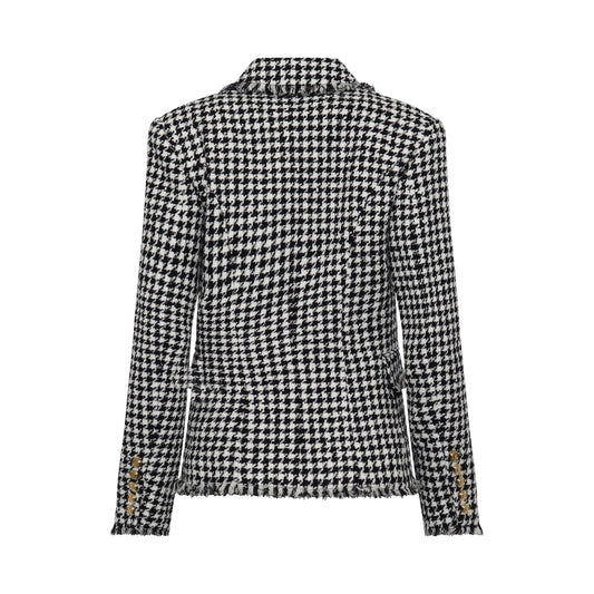 Double Breasted Houndstooth Tweed Blazer in White