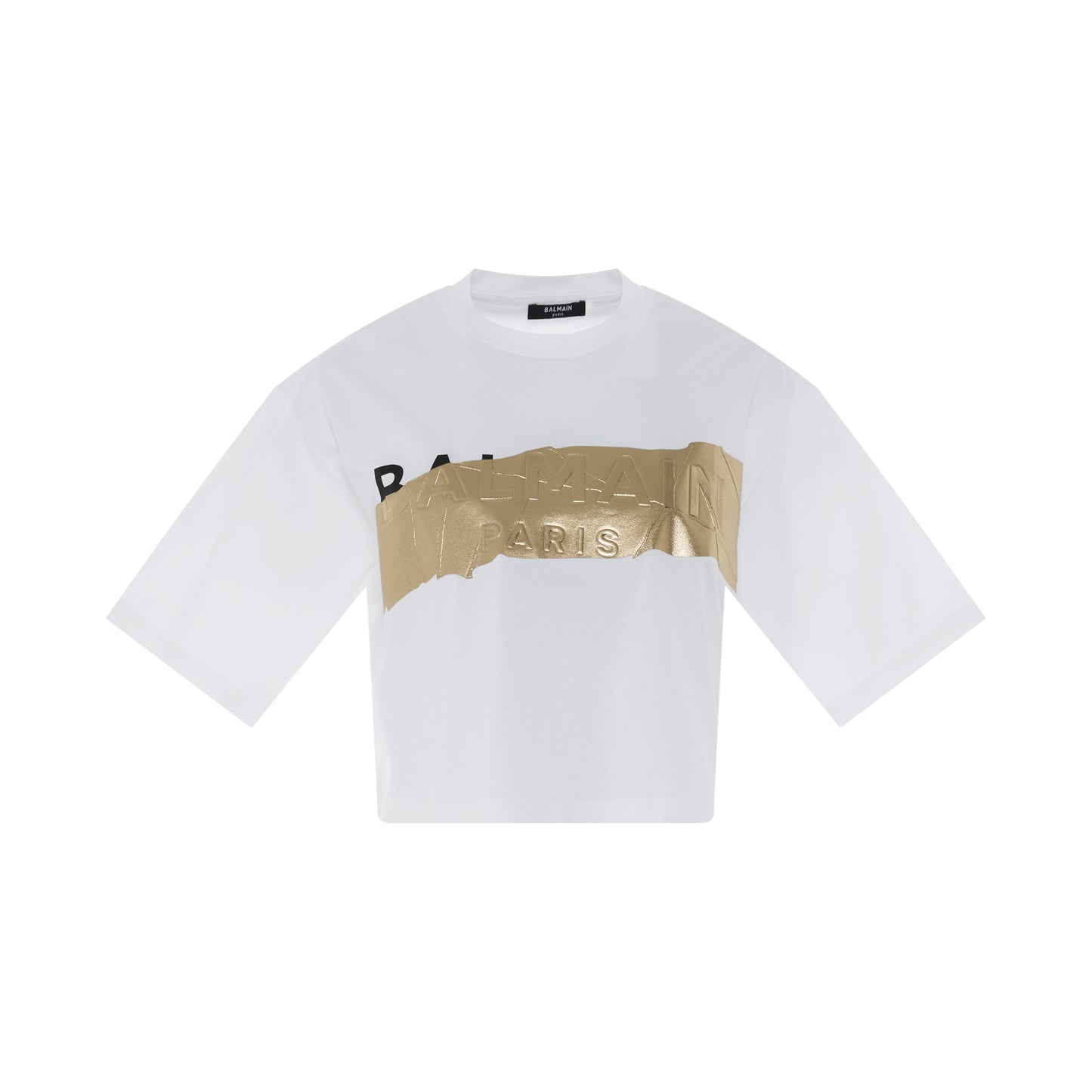Gold Tape Cropped Short Sleeve T-Shirt in White/Gold