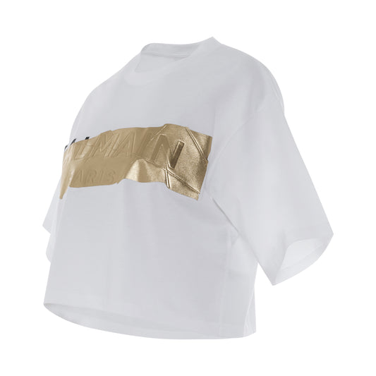 Gold Tape Cropped Short Sleeve T-Shirt in White/Gold