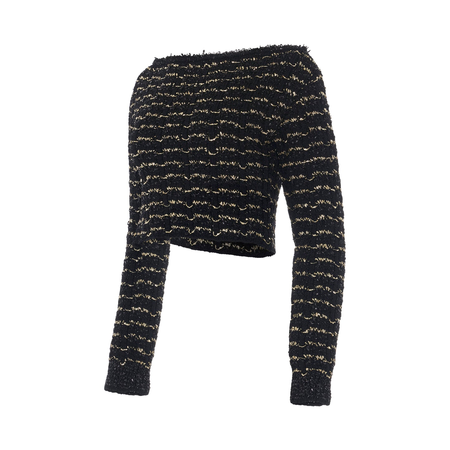 Off Shoulder Cropped Striped Tweed Sweater in Black/Gold