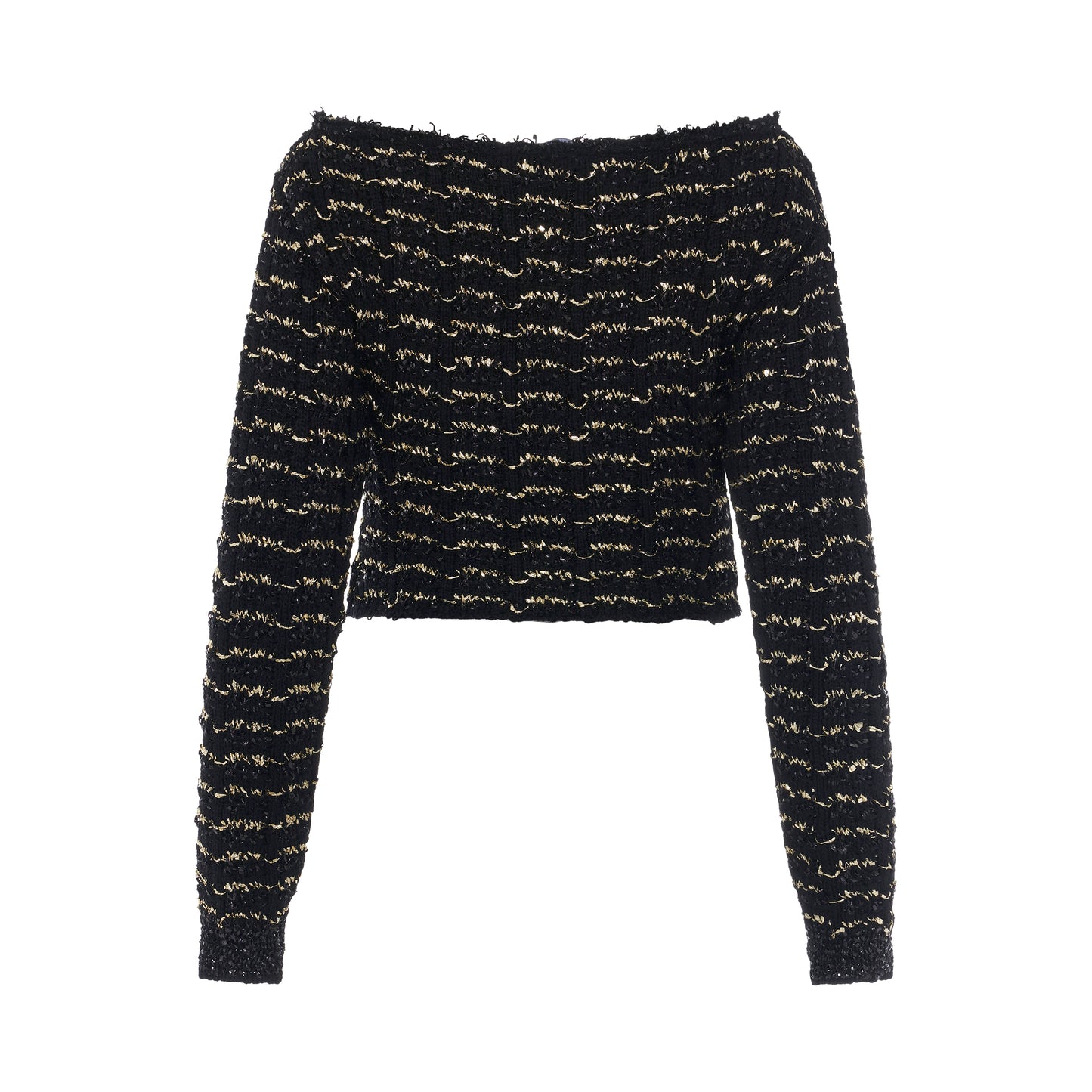 Off Shoulder Cropped Striped Tweed Sweater in Black/Gold
