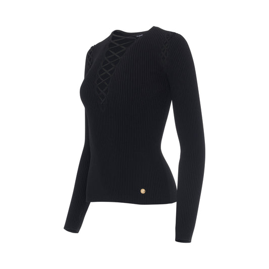 Laced Shoulder Details Knit Pullover in Black