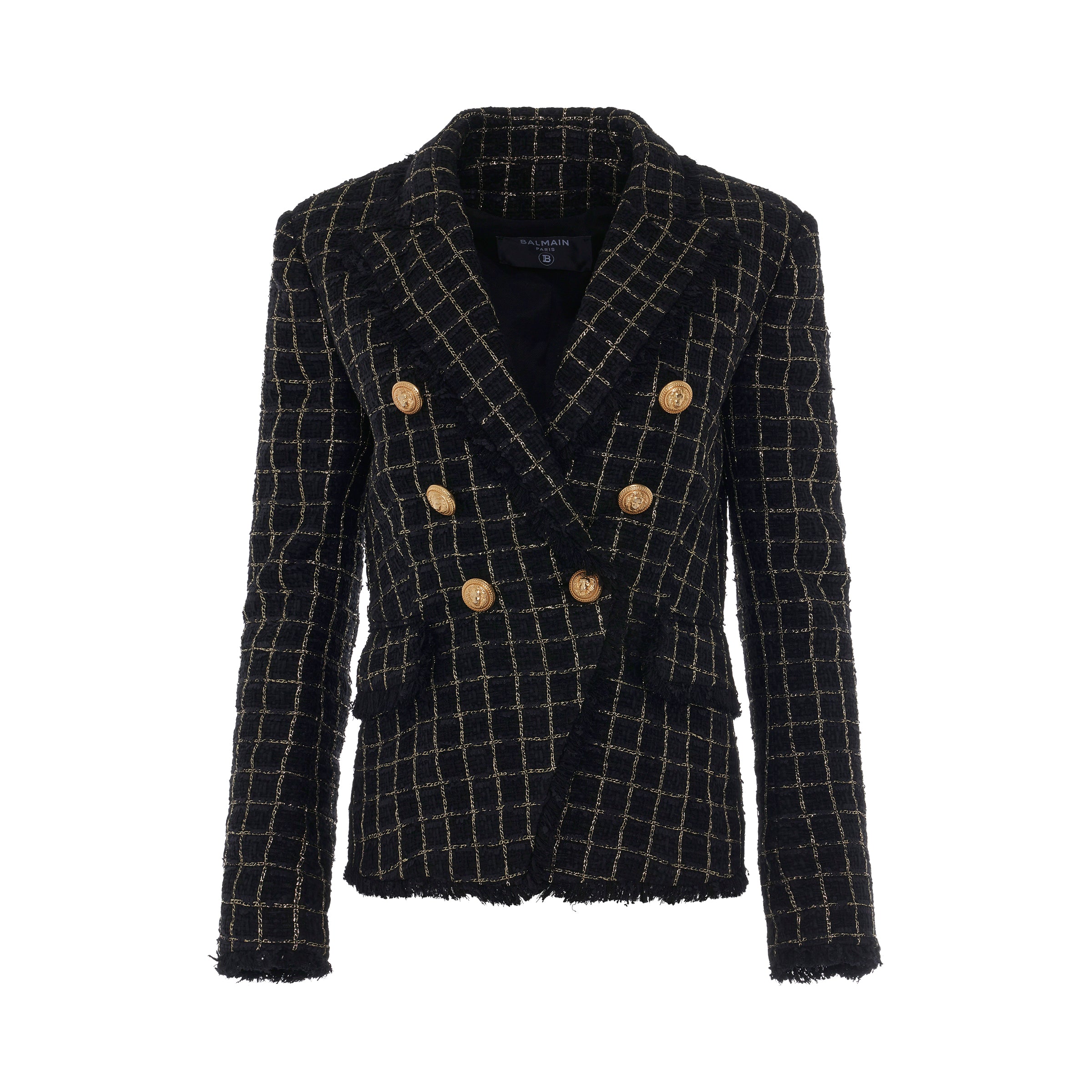 6 Button Double Breasted Squared Tweed Jacket in Black/Gold