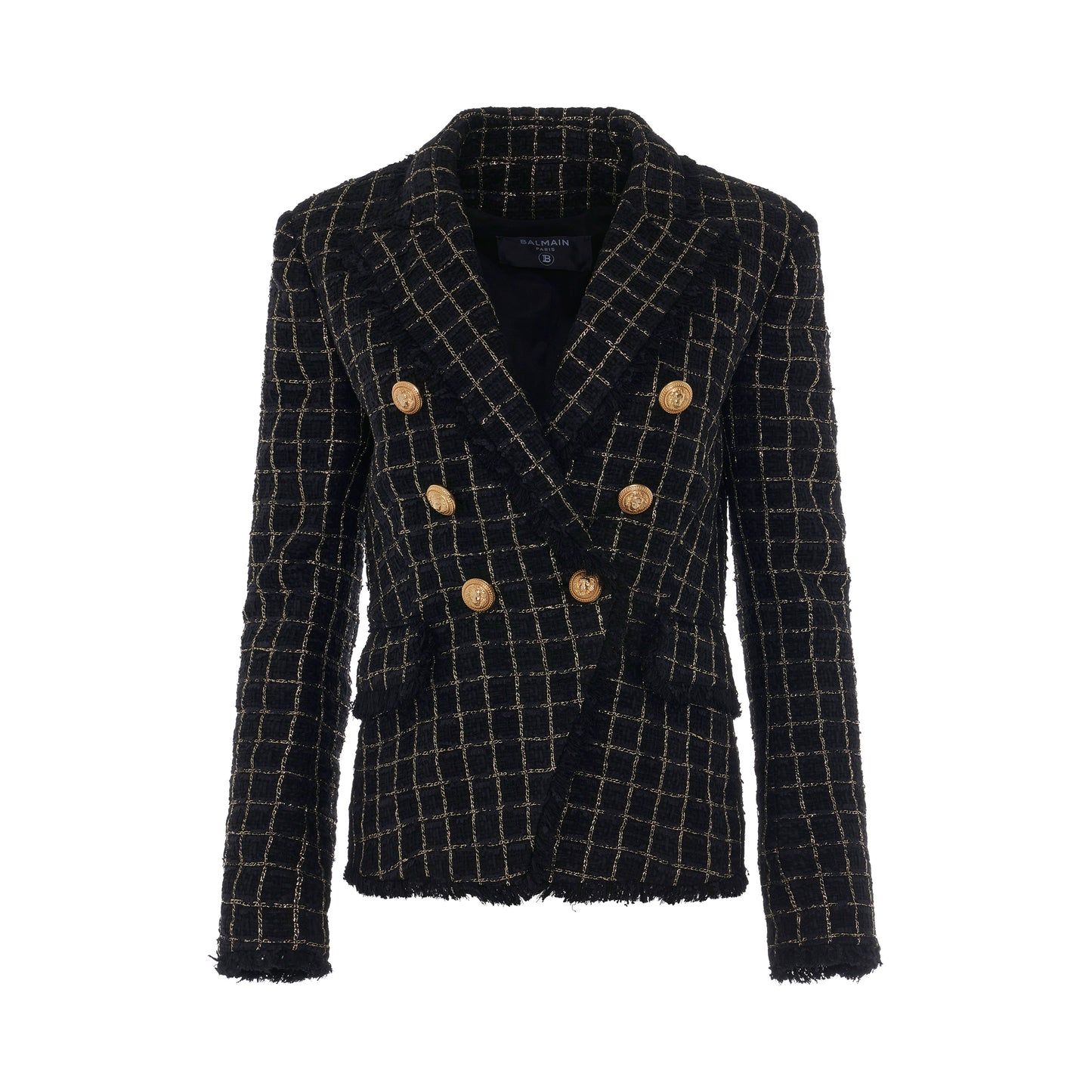 6 Button Double Breasted Squared Tweed Jacket in Black/Gold