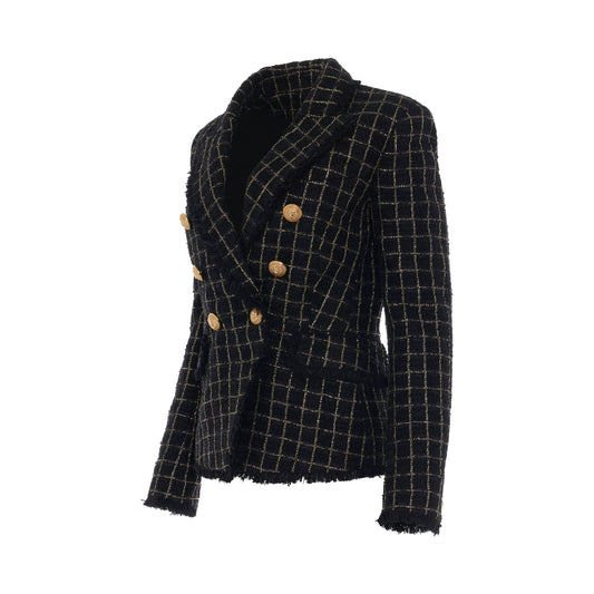 6 Button Double Breasted Squared Tweed Jacket in Black/Gold